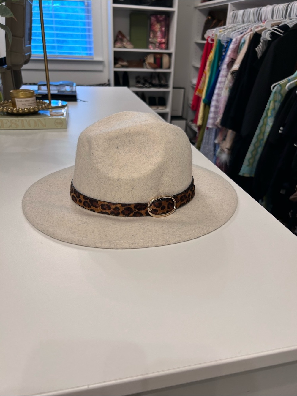 Womens Cream Felt Hat with Leopard Belt